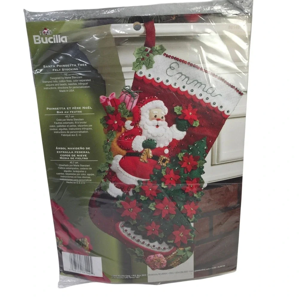 Bucilla Santa Poinsettia Tree Felt Stocking Kit 18 Inch Xmas Beads Sequins New